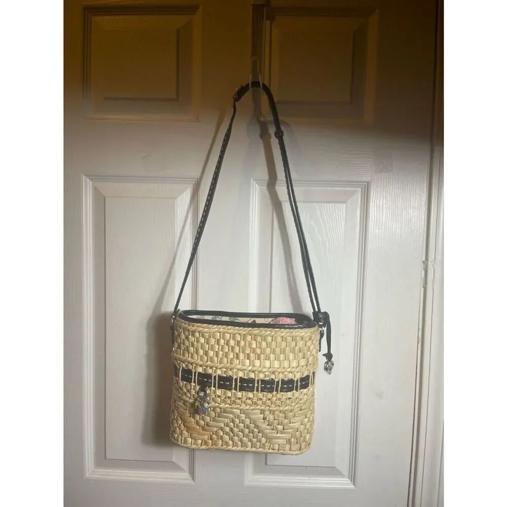 Brighton Woven Straw Crossbody / shoulder Bag with Black leather strap & trim